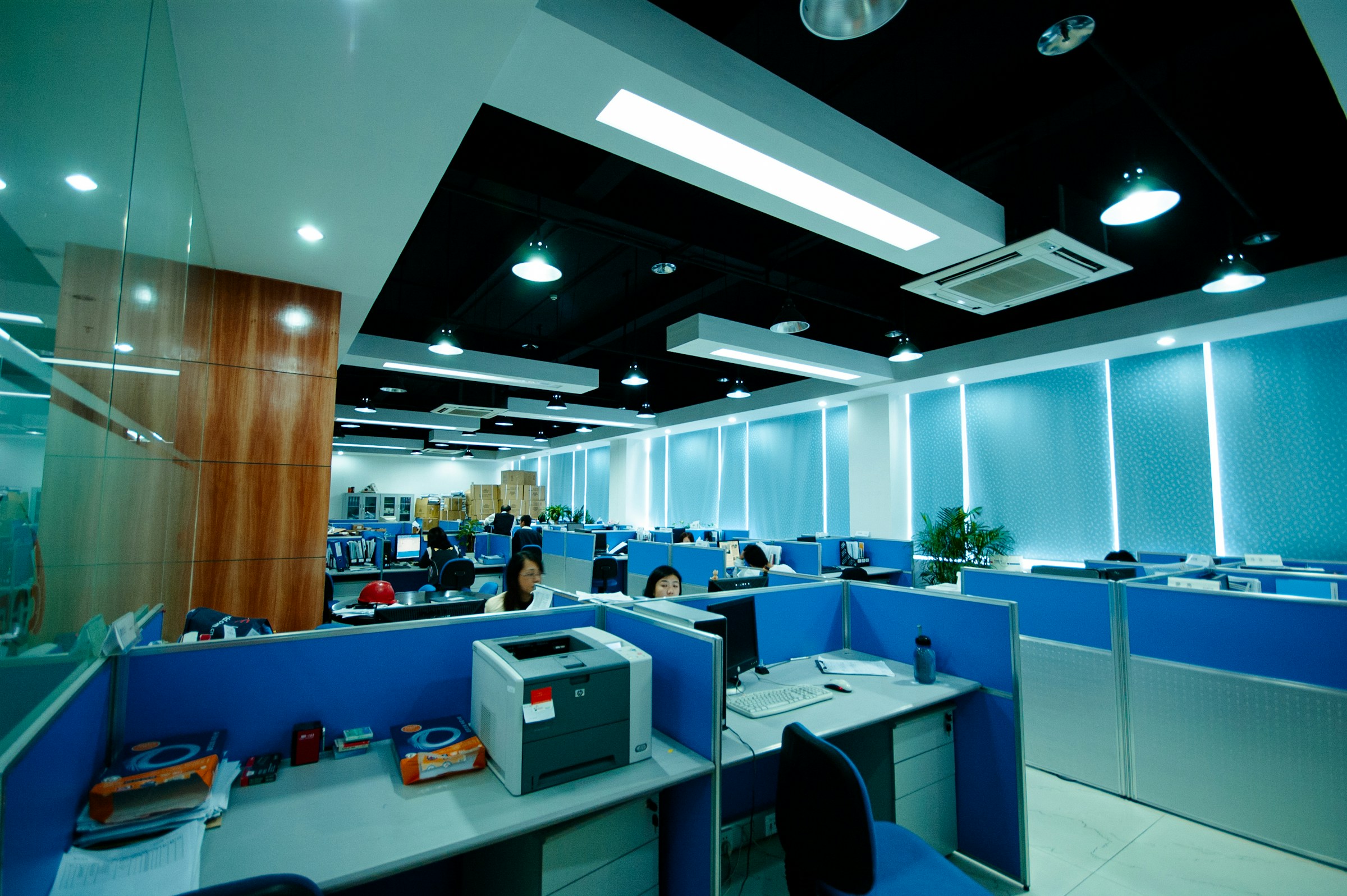 A clean, modern commercial office workspace