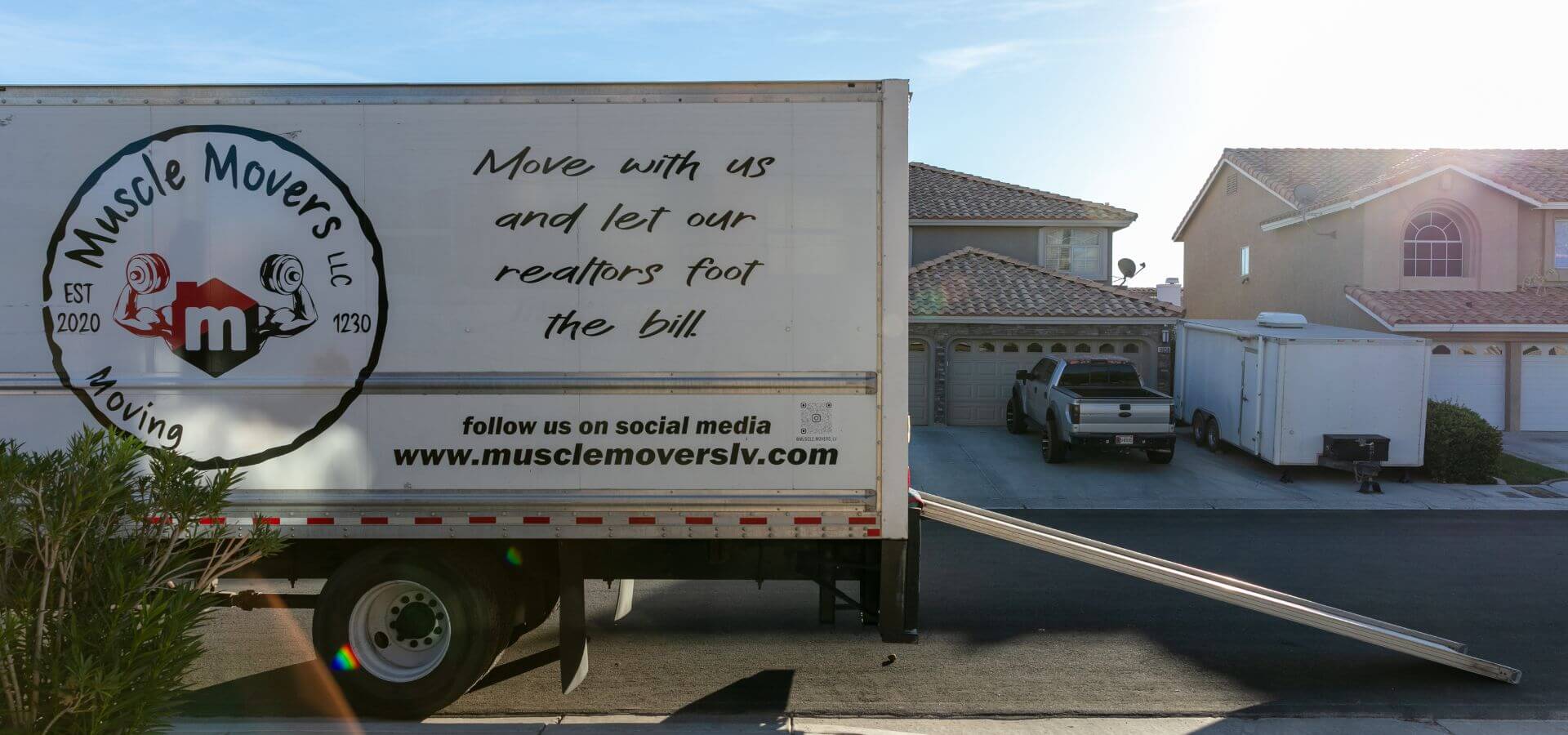 A Muscle Movers 26-foot truck loaded for a long-distance move out of Las Vegas.