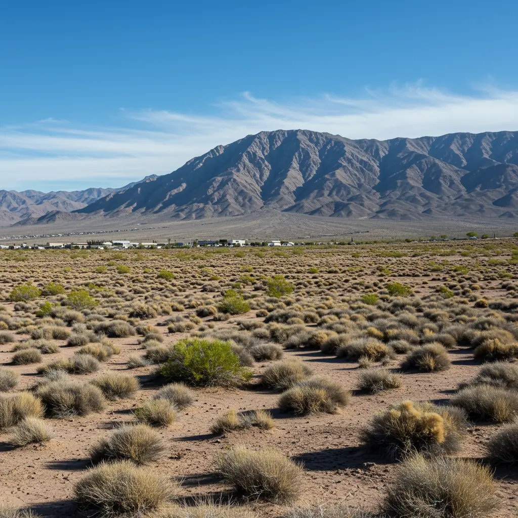 A desert scrub plain below a mountain range under a blue sky.