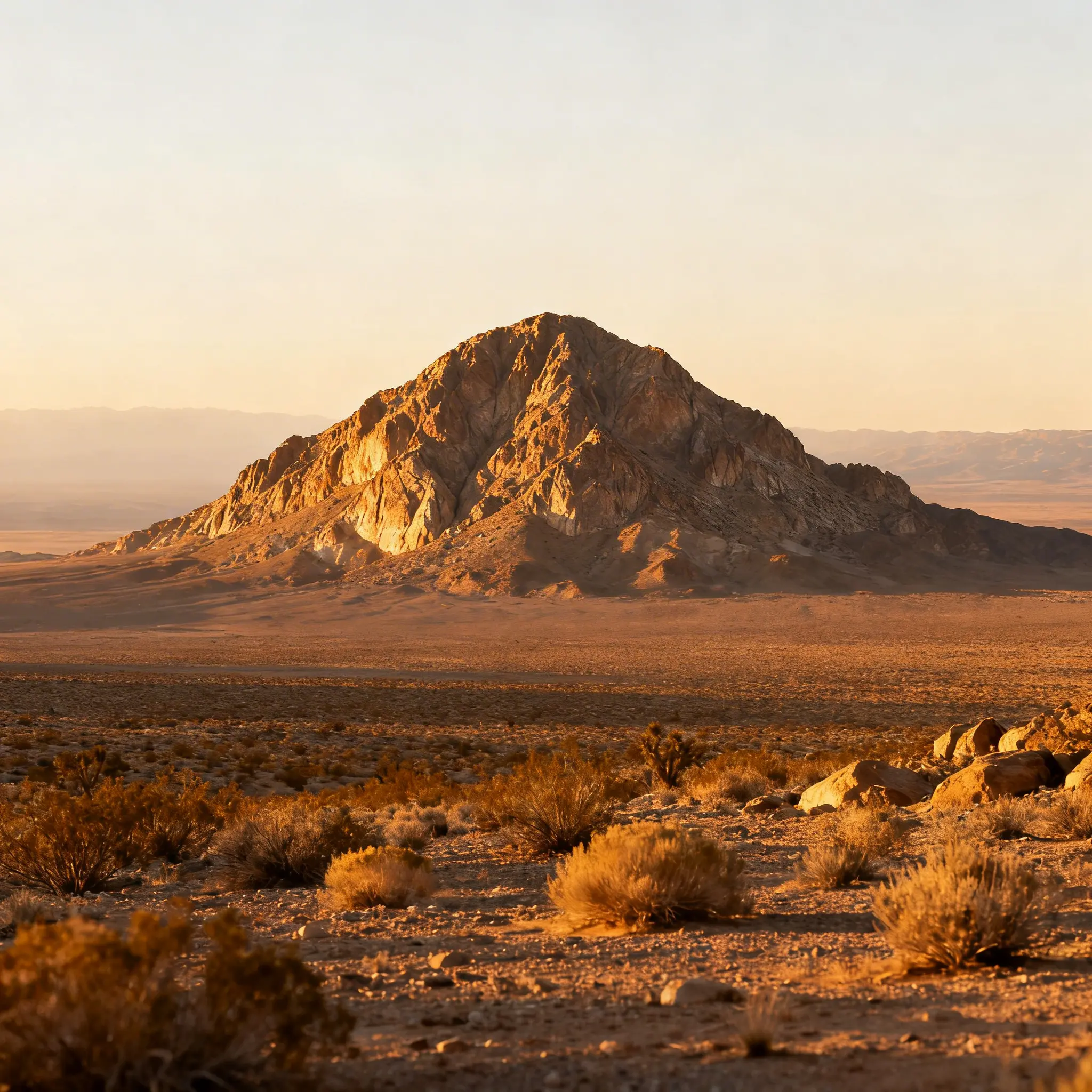 A lone rocky peak rising from the desert at sunset.