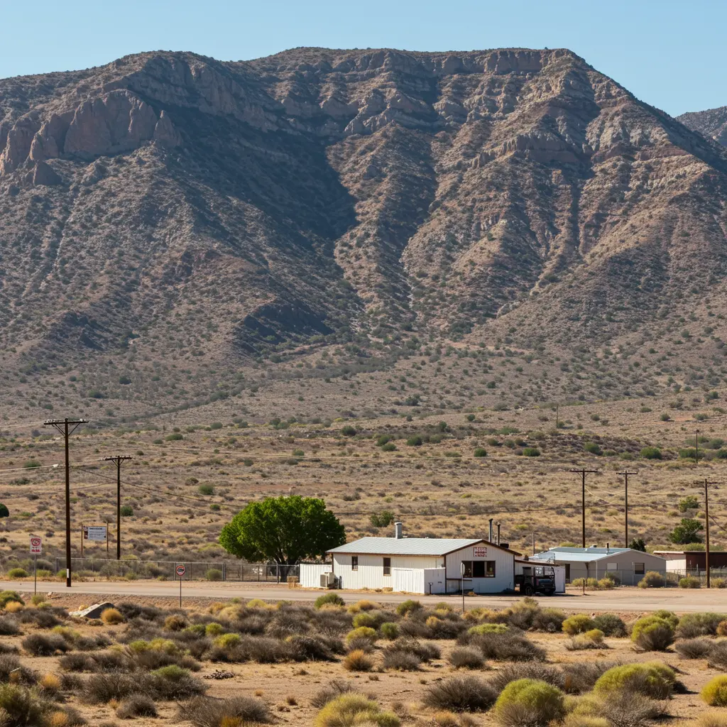 A single-storey home on open desert land beneath a mountain ridge.