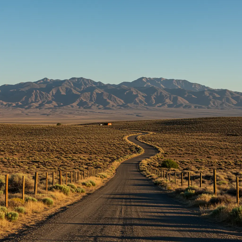 A fenced road winding across the desert toward distant mountains.