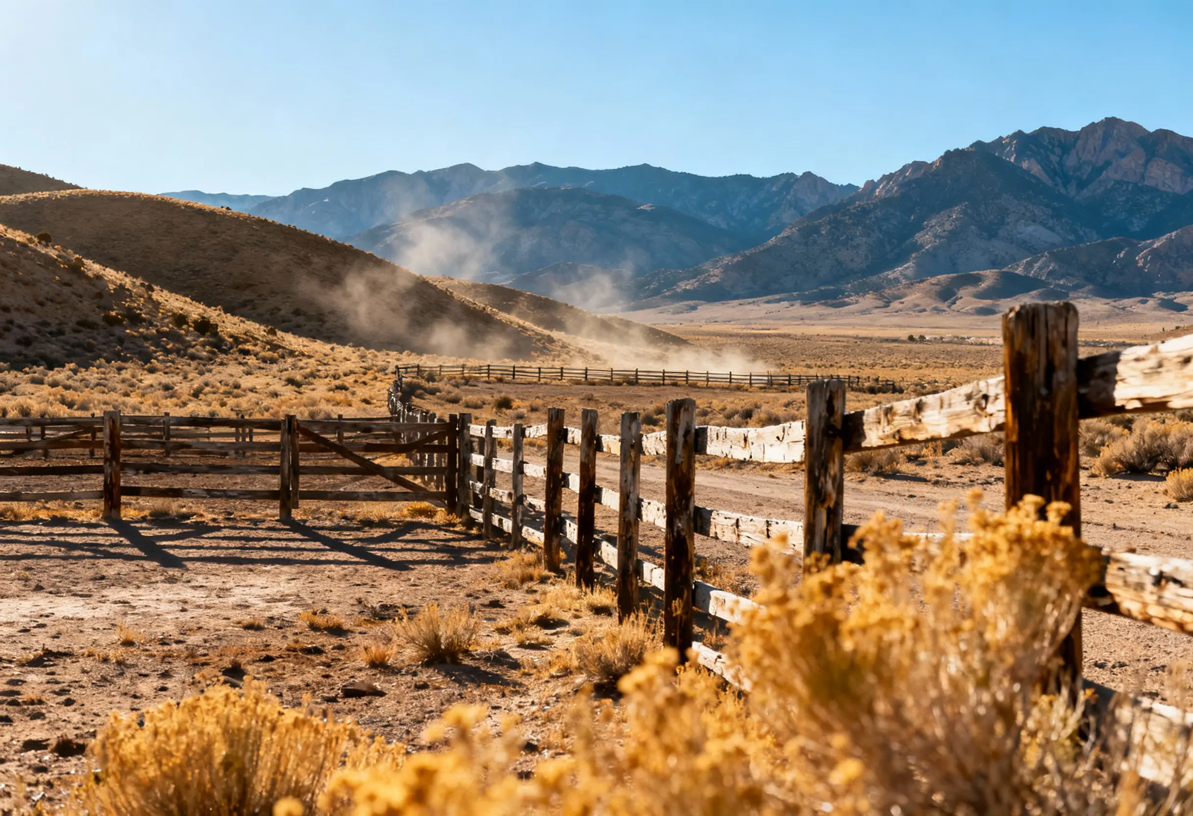 A weathered wooden ranch fence in the desert foothills.