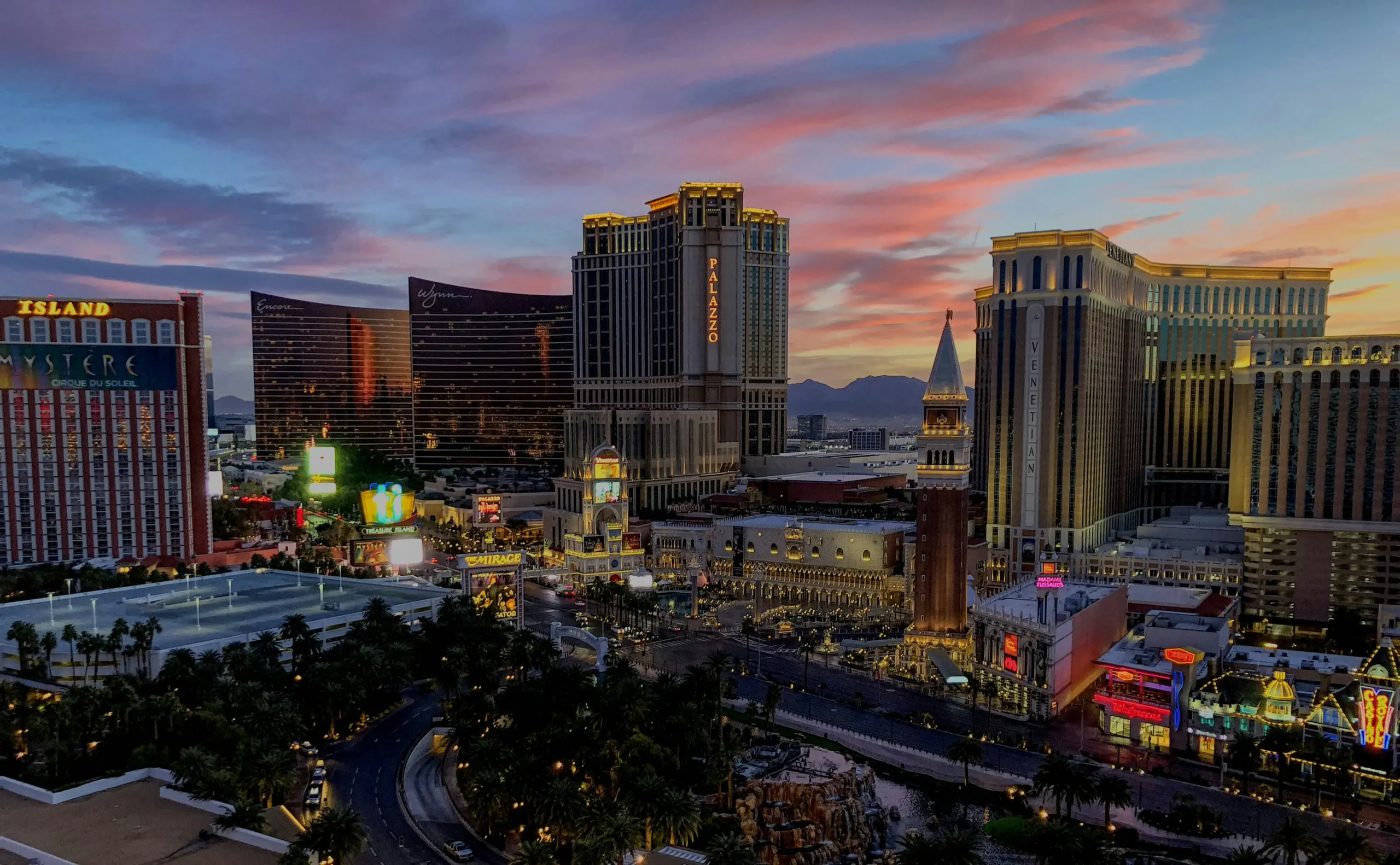 Las Vegas Strip resorts at dusk, in the town of Paradise.